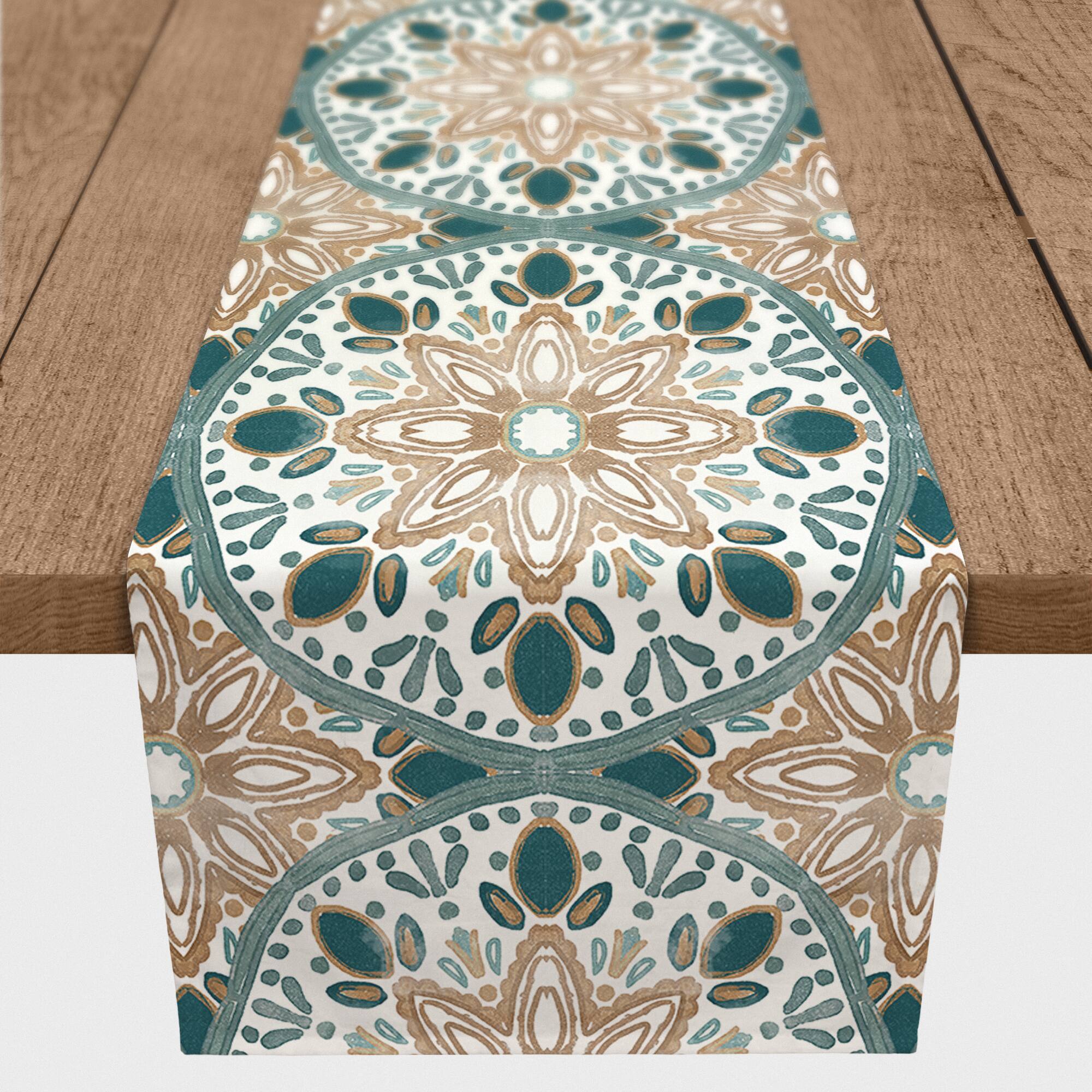 72" Green & Yellow Medallion Pattern Cotton Twill Table Runner